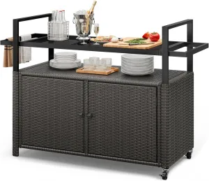YITAHOME XL Outdoor Storage Cabinet, Outdoor Storage Cart with Wheels and Black Glass Table Top for Patio, Outdoor Cabinet for Poolside and Backyard (Dark Brown)