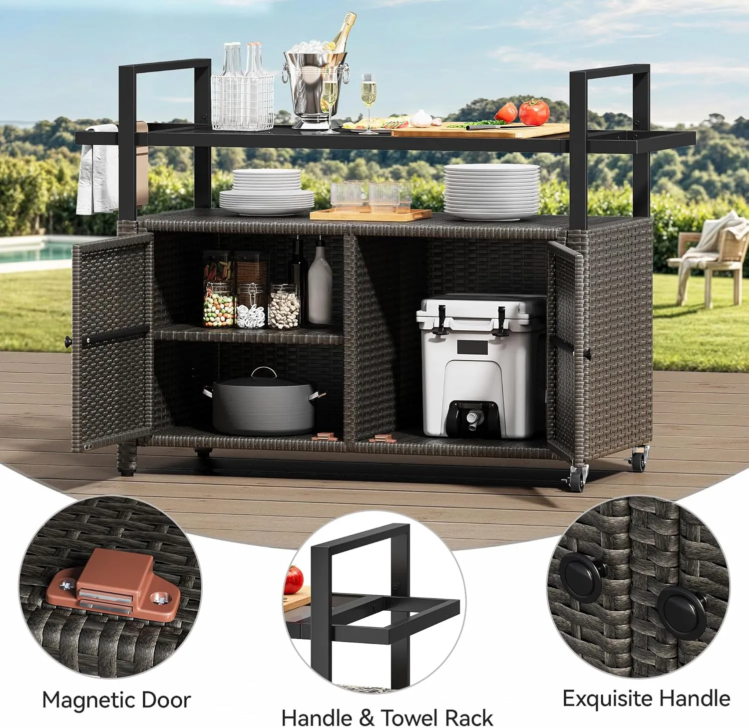 YITAHOME XL Outdoor Storage Cabinet, Outdoor Storage Cart with Wheels and Black Glass Table Top for Patio, Outdoor Cabinet for Poolside and Backyard (Dark Brown)