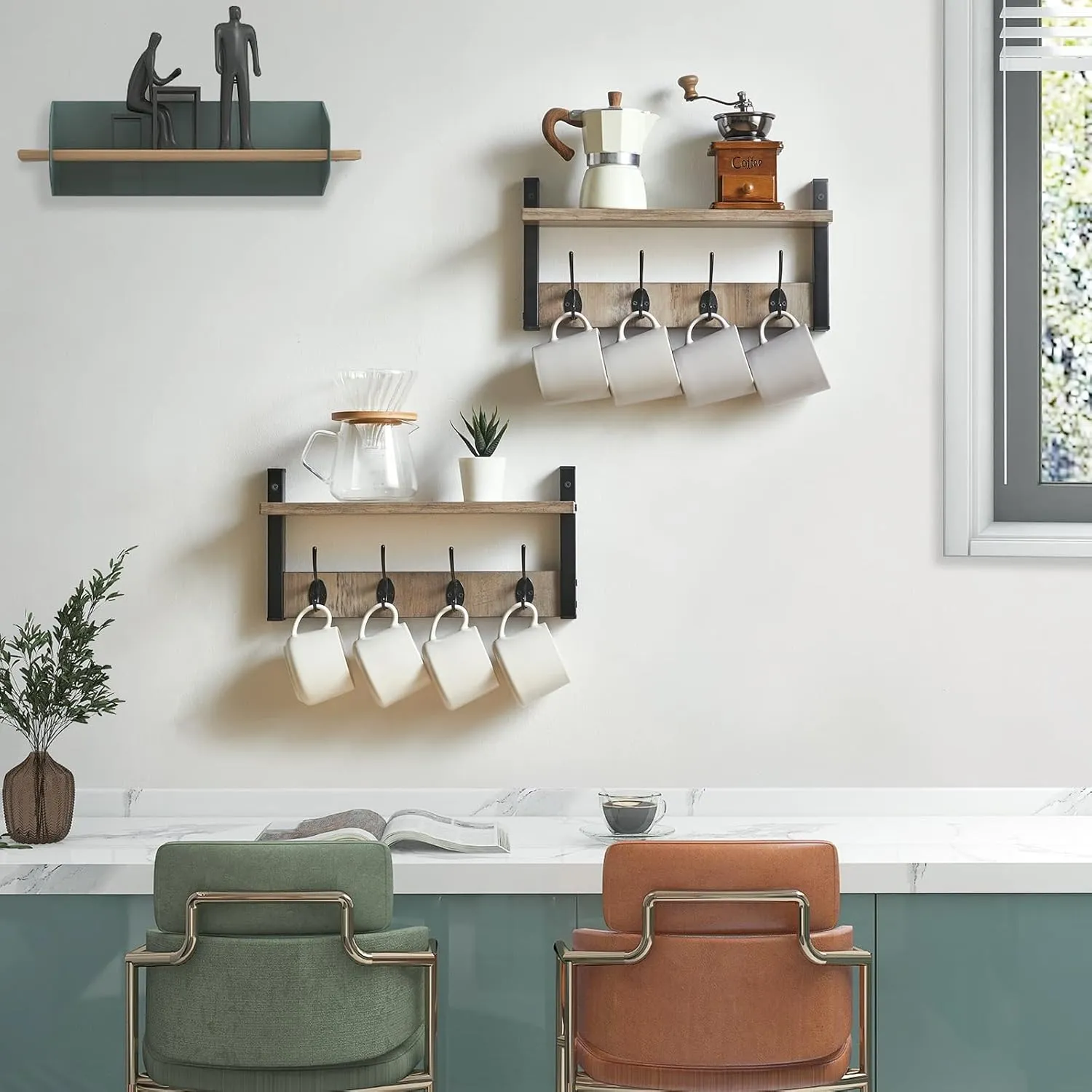 YMYNY Coat Rack Shelf Wall Mounted, Coat Hooks Set of 2, Entryway Coat Hanger with 8 Hooks, 31.5" Wall Floating Shelf with Hat Rack, for Kitchen, Bedroom, Bathroom, Silver Gray UHWS001Y-2