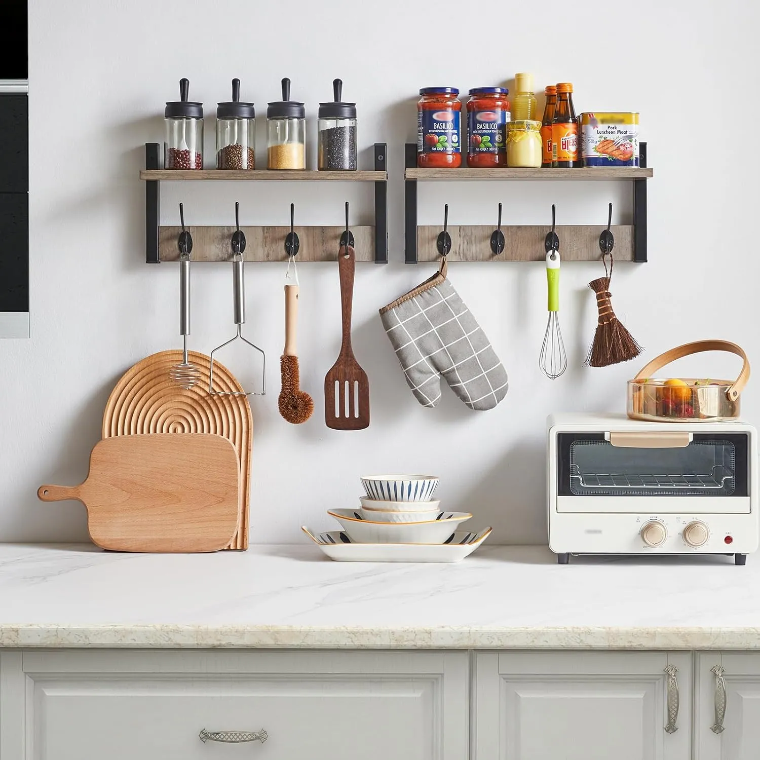 YMYNY Coat Rack Shelf Wall Mounted, Coat Hooks Set of 2, Entryway Coat Hanger with 8 Hooks, 31.5" Wall Floating Shelf with Hat Rack, for Kitchen, Bedroom, Bathroom, Silver Gray UHWS001Y-2