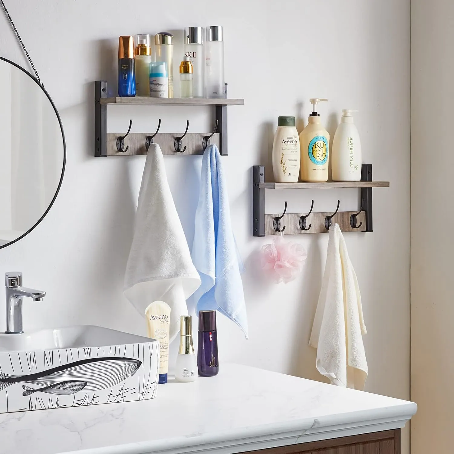 YMYNY Coat Rack Shelf Wall Mounted, Coat Hooks Set of 2, Entryway Coat Hanger with 8 Hooks, 31.5" Wall Floating Shelf with Hat Rack, for Kitchen, Bedroom, Bathroom, Silver Gray UHWS001Y-2