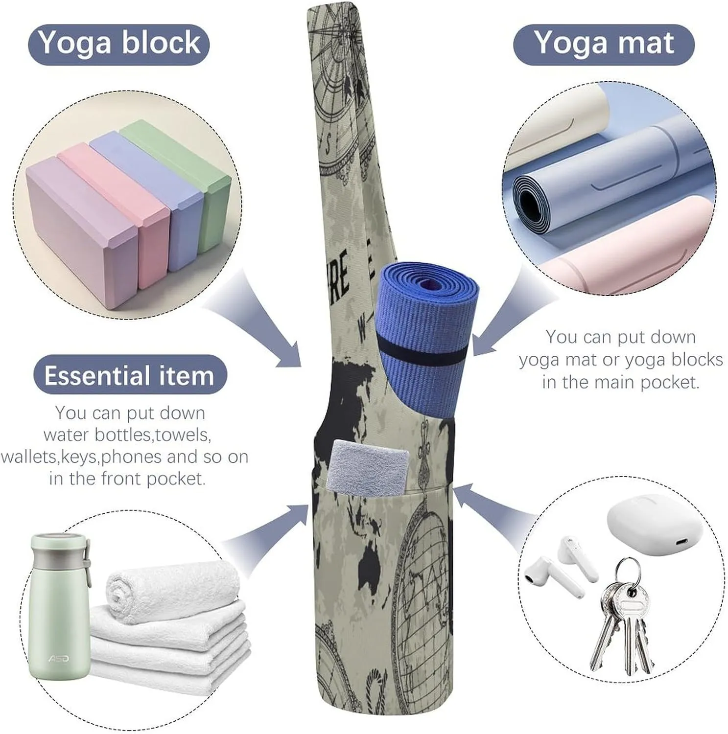 Yoga Mat Bag, Soft Canvas Storage Bag Fashion Mat Bag for Clothes Dorm Organizer with Pocket Shoulder Strap