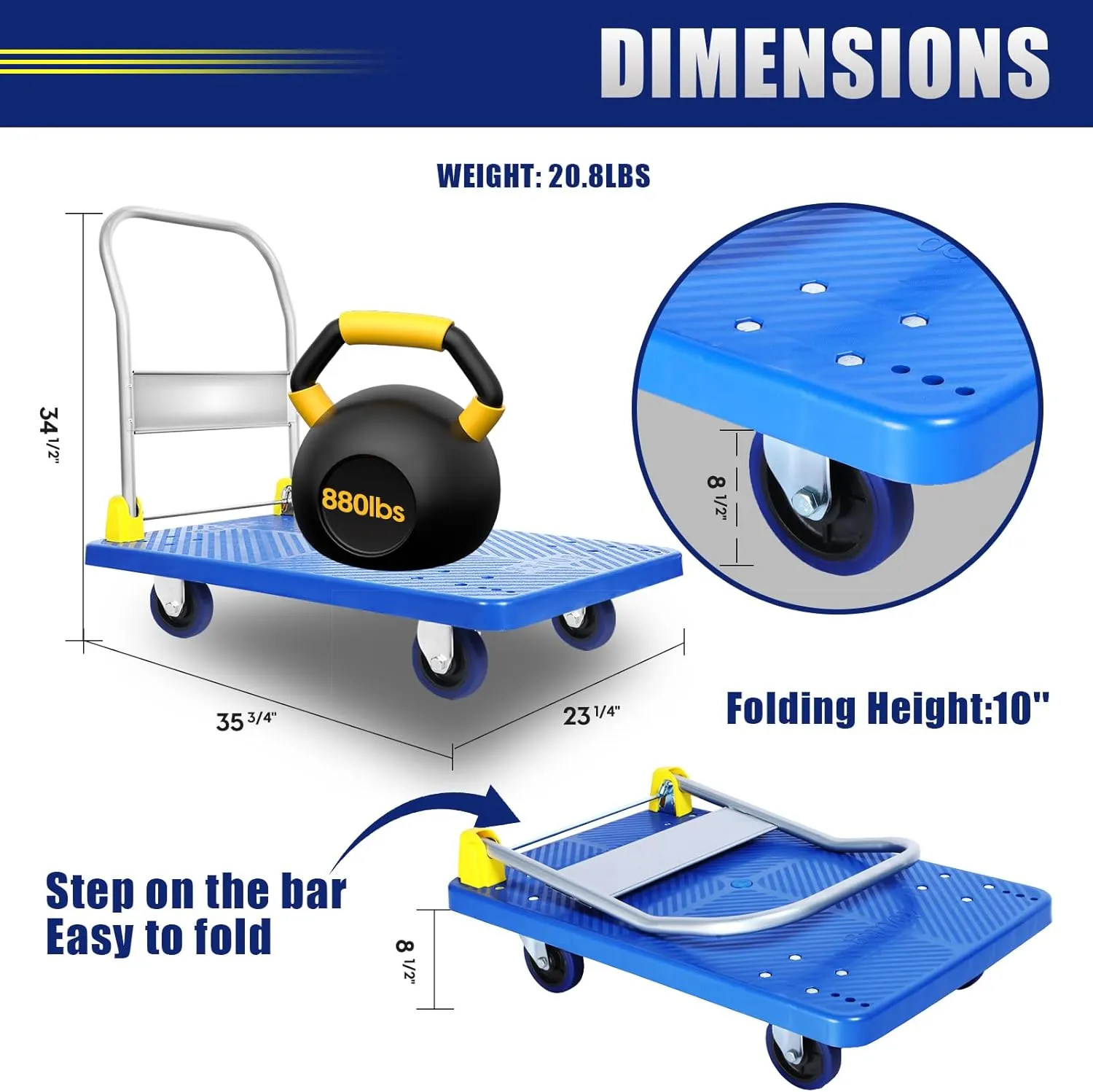 YSSOA Foldable Push Cart Dolly | Heavy Duty Platform Truck with 880 lbs. Capacity | Collapsible Cart with Wheels and Handle | Under Desk Space Saving 360° Swivel Hand Push Flatbed Moving Wagon