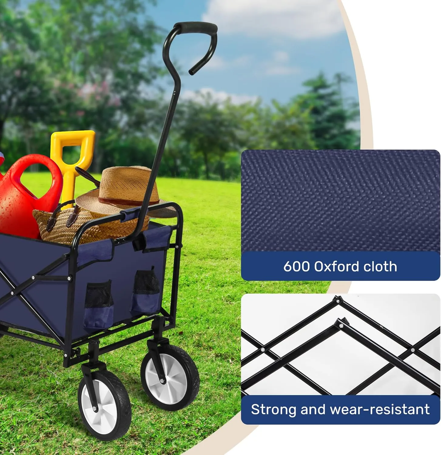 YSSOA Rolling Collapsible Garden Cart Camping Wagon, with 360 Degree Swivel Wheels & Adjustable Handle, 220lbs Weight Capacity,Blue