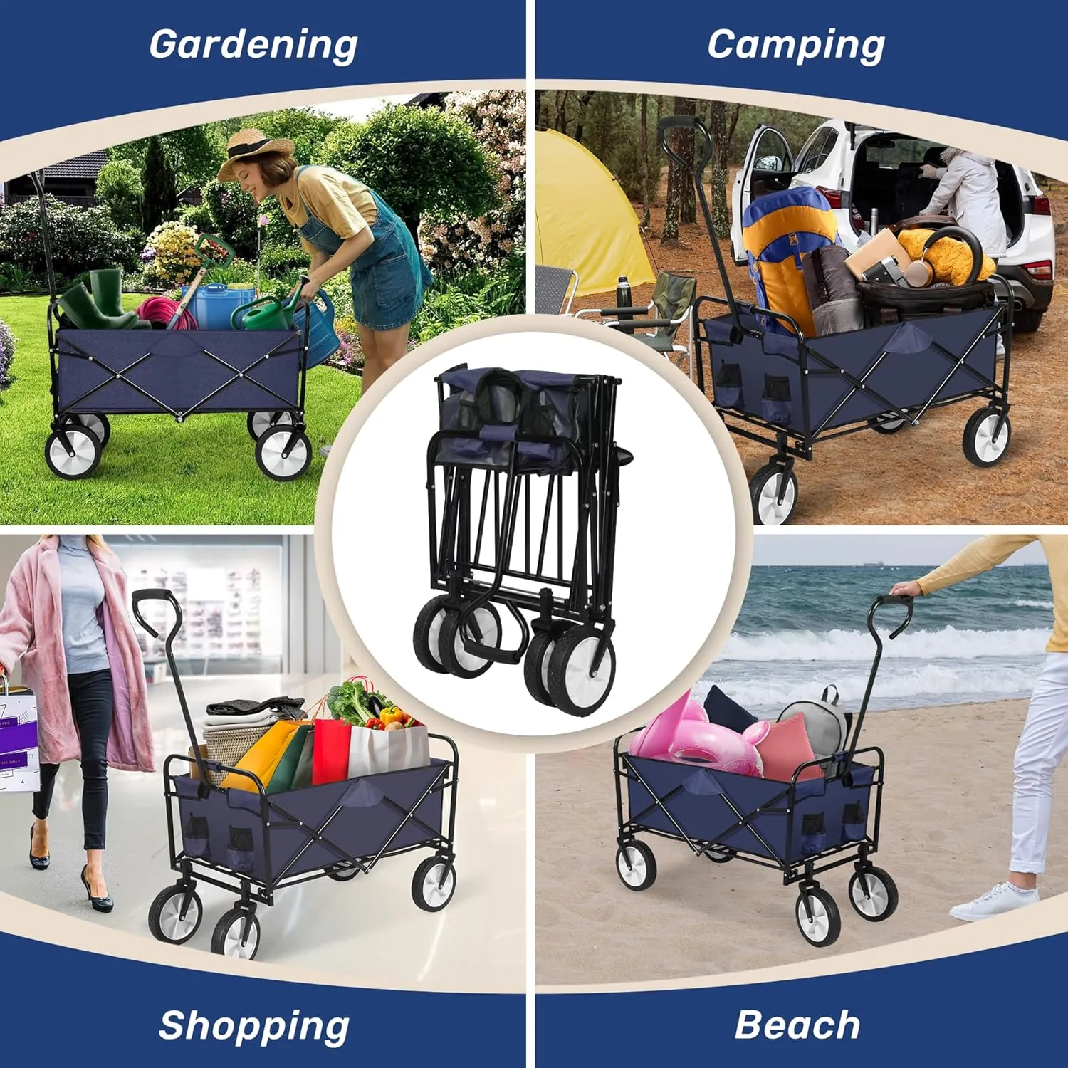 YSSOA Rolling Collapsible Garden Cart Camping Wagon, with 360 Degree Swivel Wheels & Adjustable Handle, 220lbs Weight Capacity,Blue