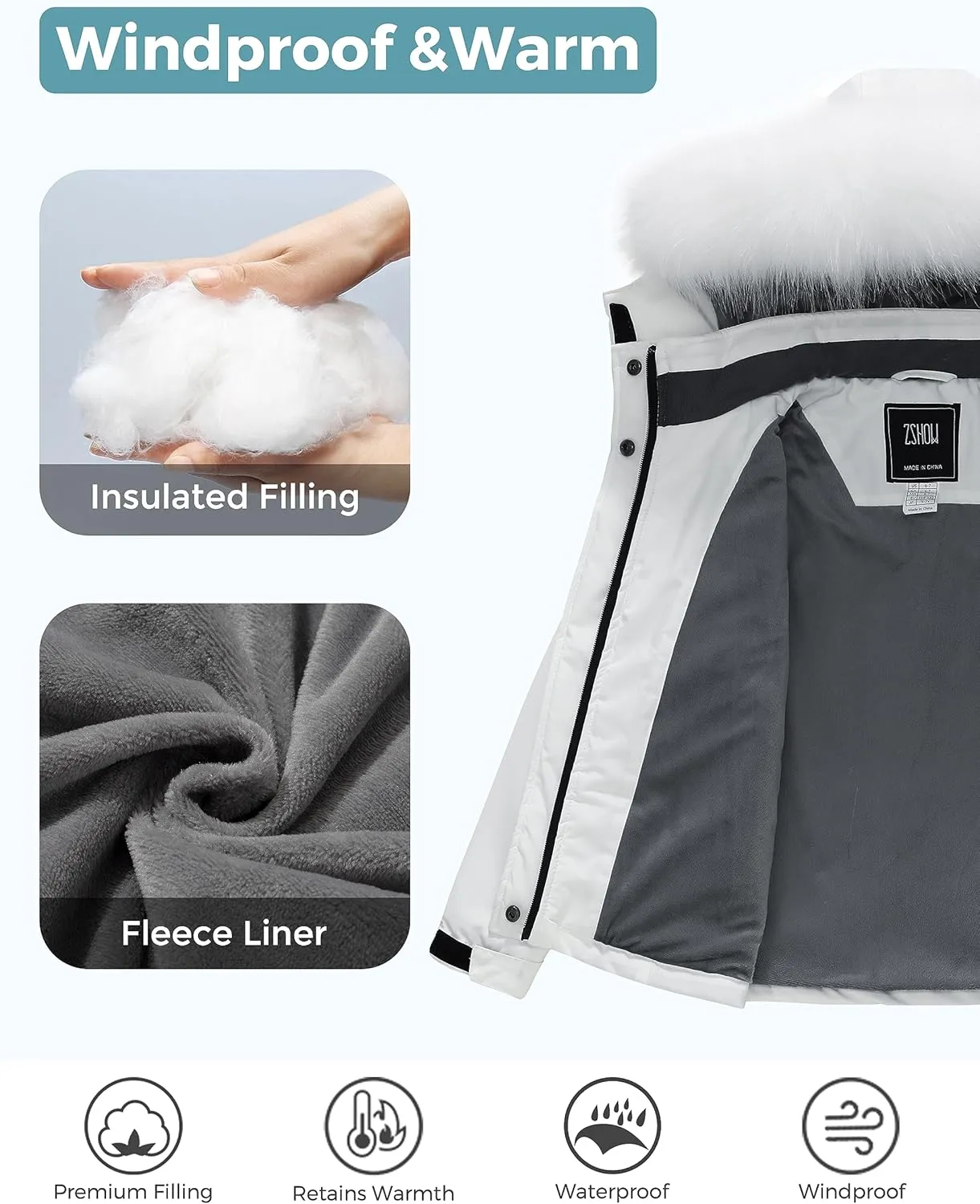 ZSHOW Girls' Ski Jacket Waterproof Warm Winter Coat Fleece Hooded Raincoat with Detachable Hood