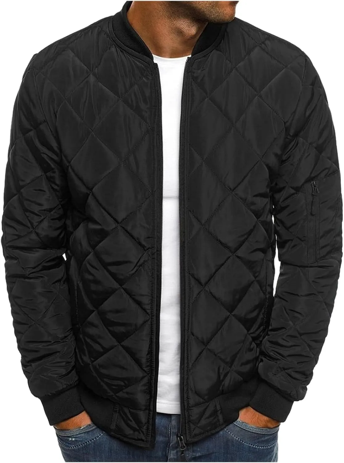 ZWRXW Bomber Jackets for Men Diamond Quilted Puffer Down Jacket Full Zip Lightweight Varsity Padded Coat Winter Warm Outwear